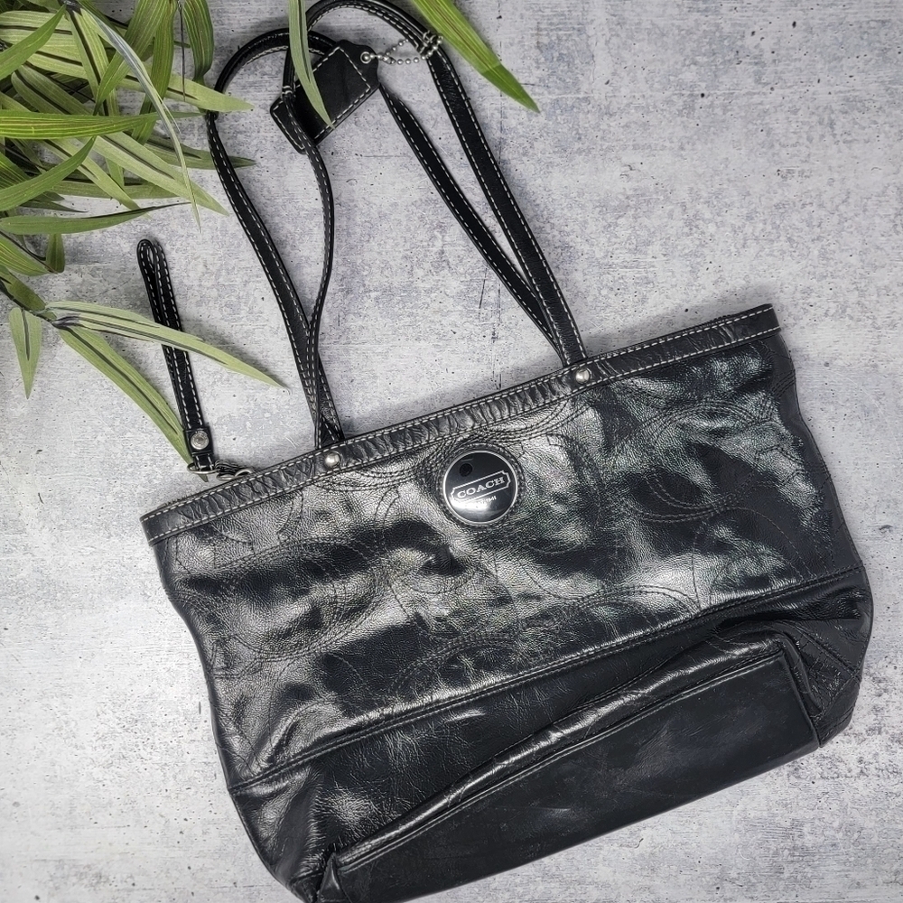 Coach Signature Satchel Black Leather Tote Shoulder Bag